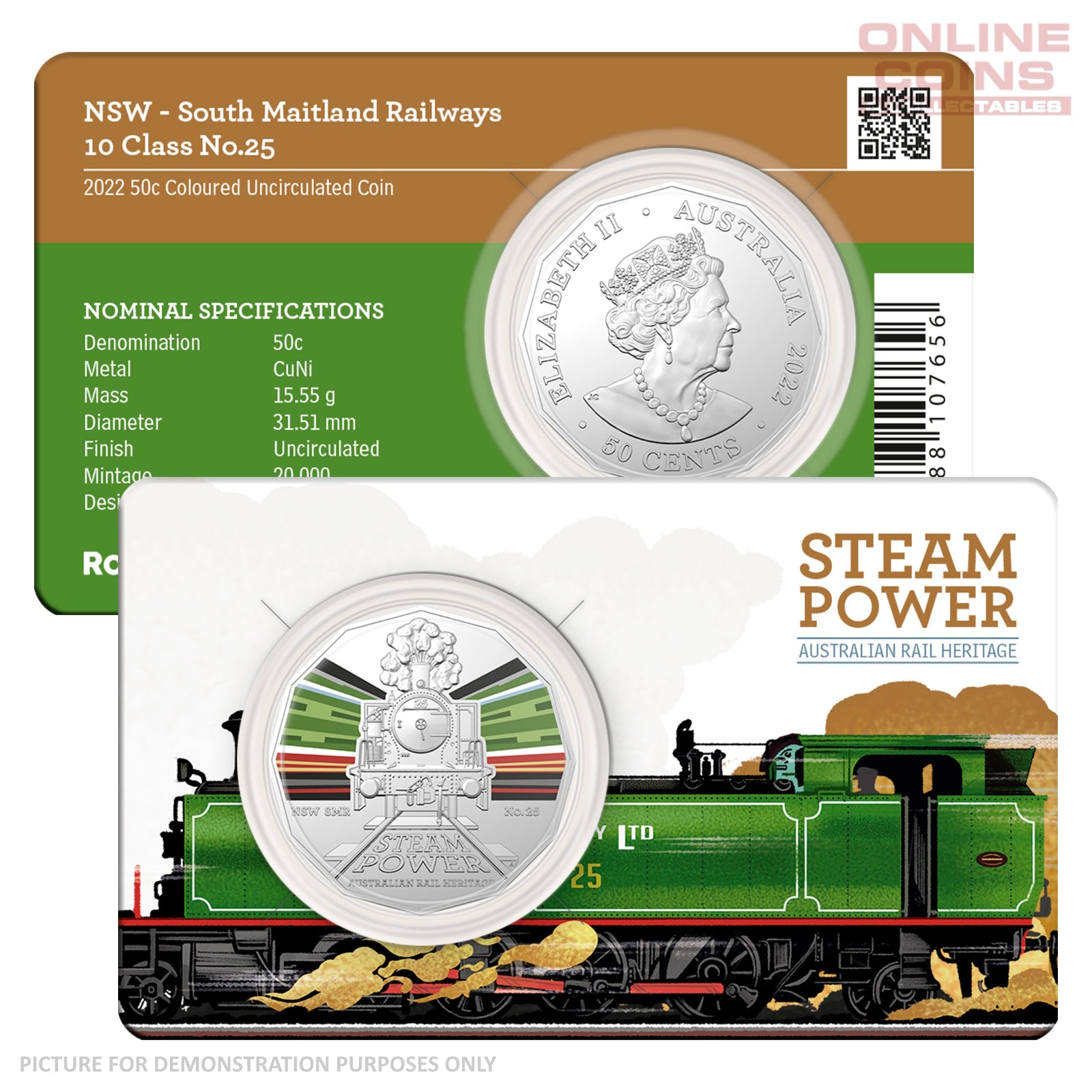 2022 50c CuNi Coloured Uncirculated Carded Coin – NSW South Maitland Railways 10 Class No.25